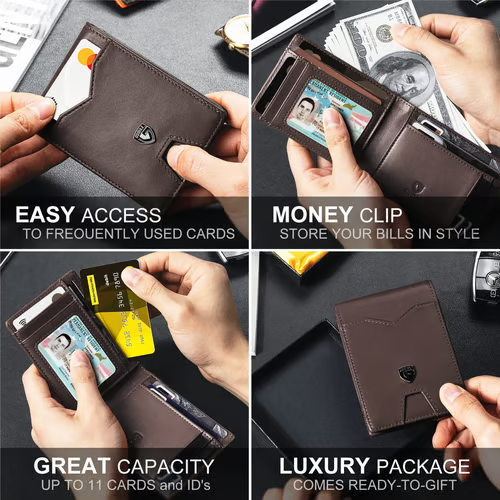 Men's Slim Leather RFID Blocking Wallet - Minimalist Carbon Fiber Bifold - Mozmade