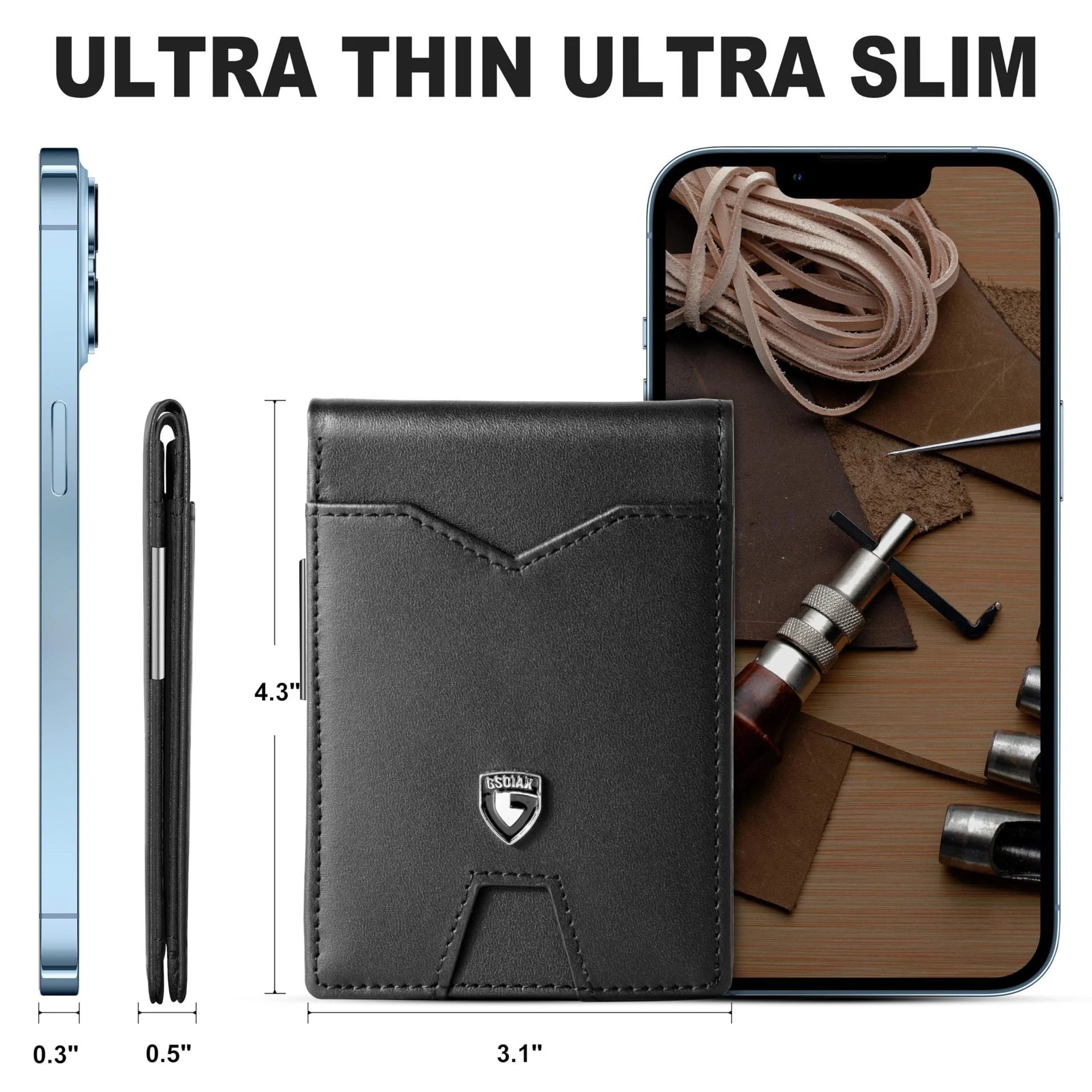 Men's Slim Leather RFID Blocking Wallet - Minimalist Carbon Fiber Bifold - Mozmade