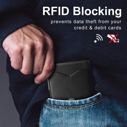 Men's Slim Leather RFID Blocking Wallet - Minimalist Carbon Fiber Bifold - Mozmade